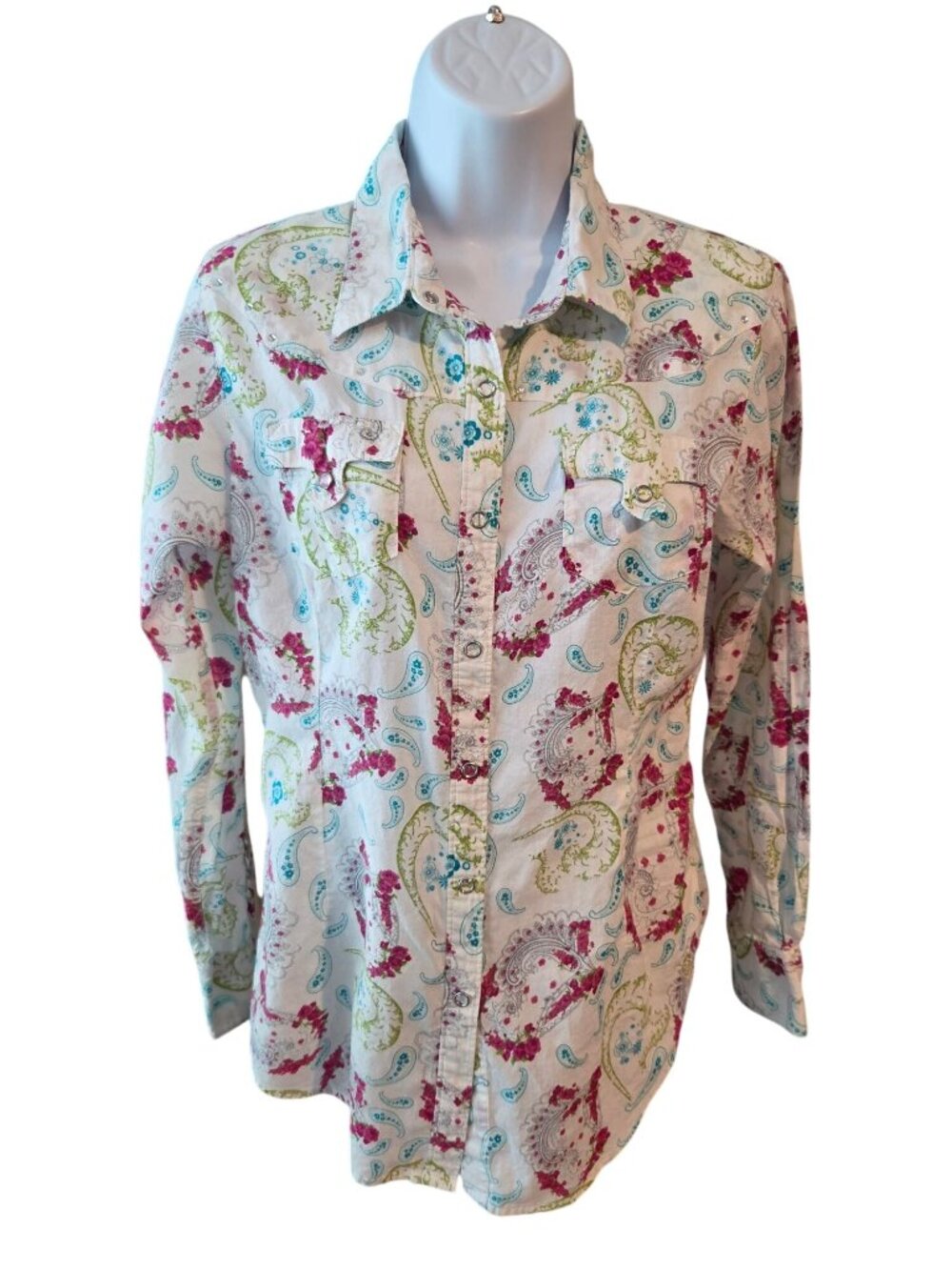 Ariat Womens M Floral Paisley Western Snap Shirt White Cowgirl Rodeo Cotton